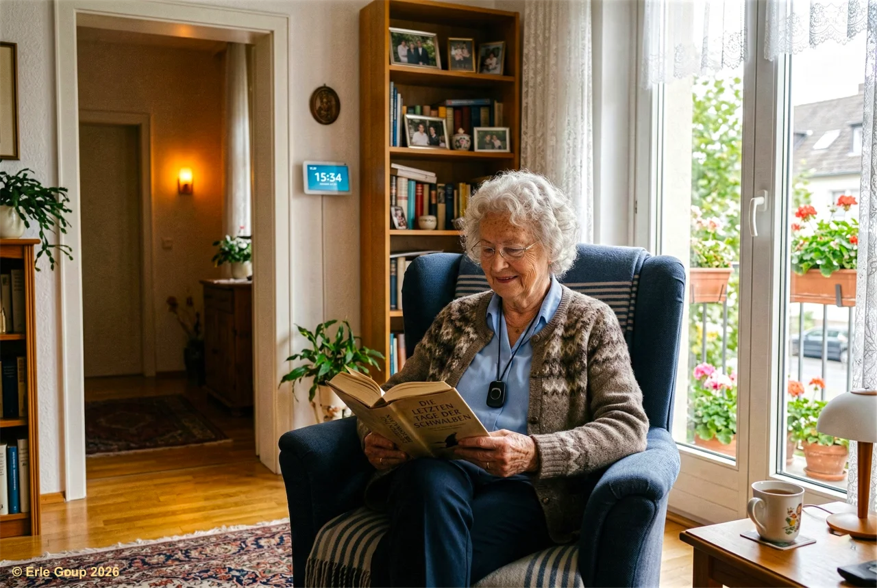 Seniorin lebt selbstbestimmt in ihrer Wohnung mit dezenter Smart-Home-Unterstützung