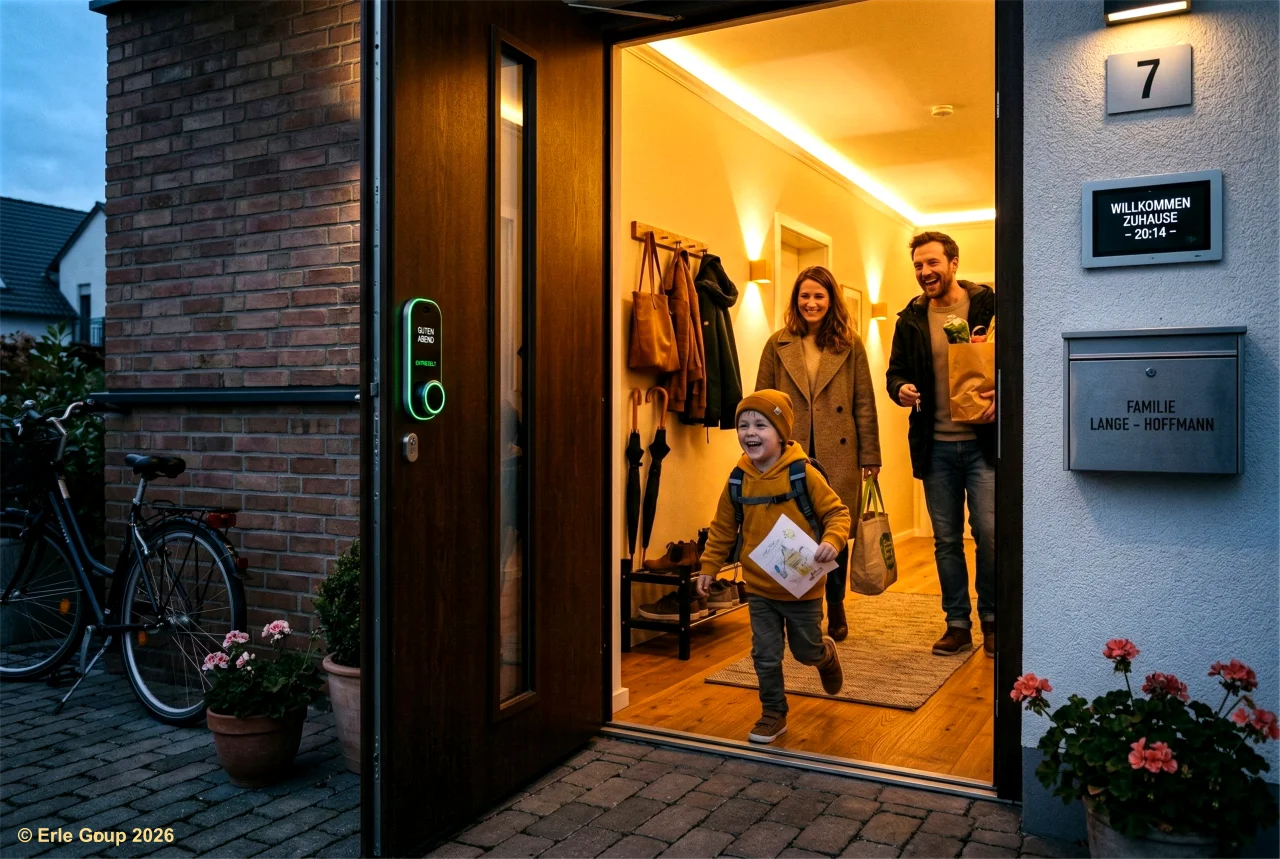 Familie genießt den Abend in ihrem smart vernetzten Wohnzimmer mit warmem Licht