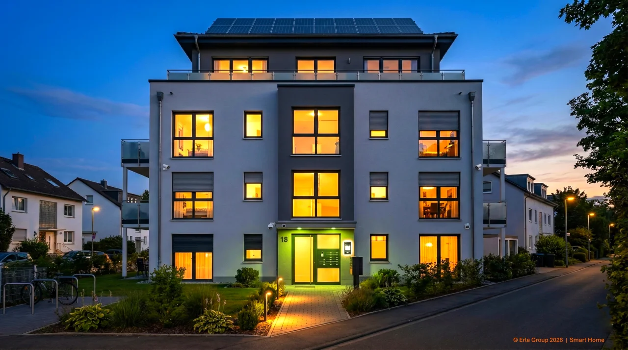 Modernes Mehrfamilienhaus mit intelligenter Gebäudetechnik bei Dämmerung