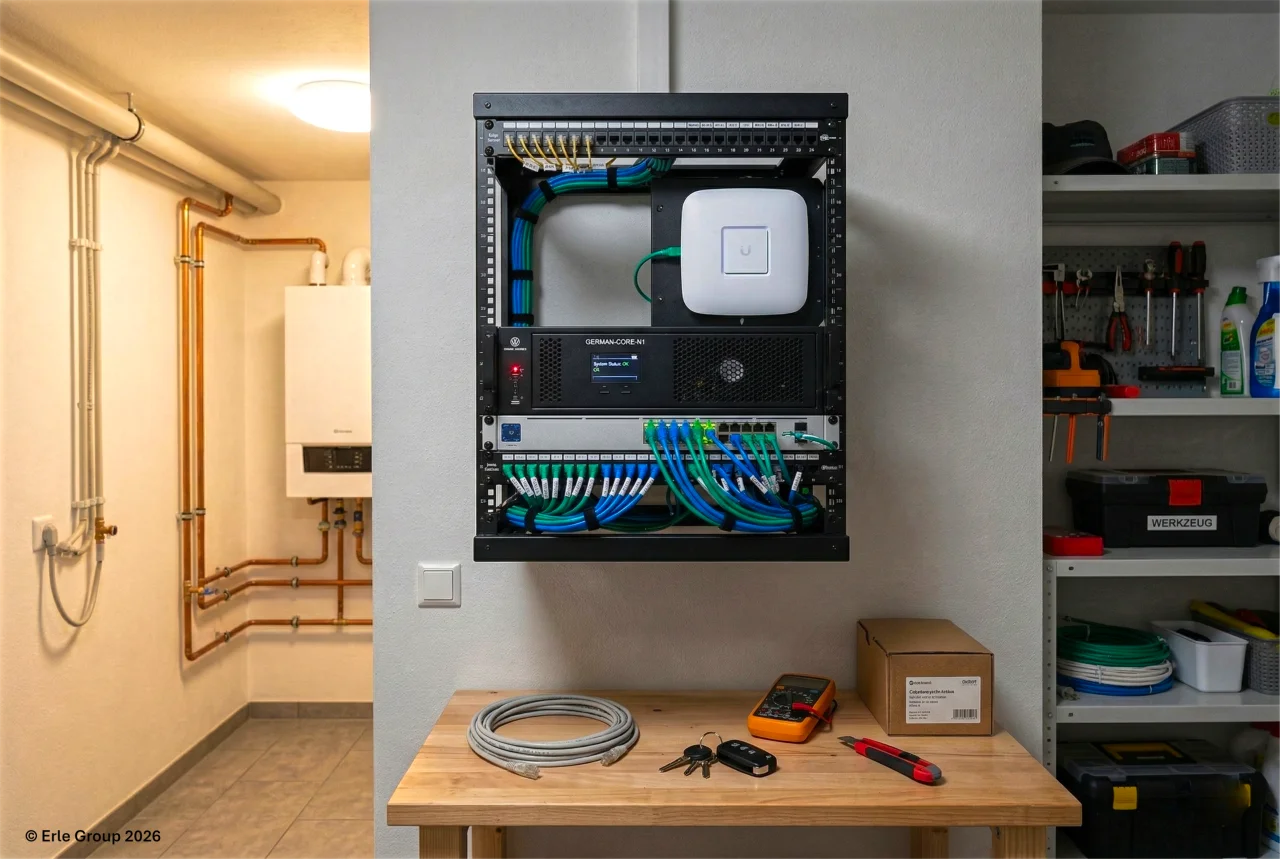 Professioneller Netzwerkschrank mit strukturierter Verkabelung und Edge-Server