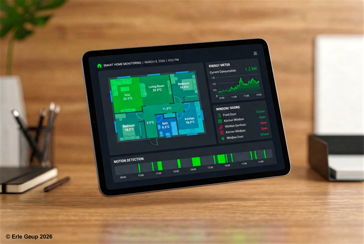 Echtzeit-Dashboard zeigt Gebäudestatus mit Sensordaten und Raumübersicht