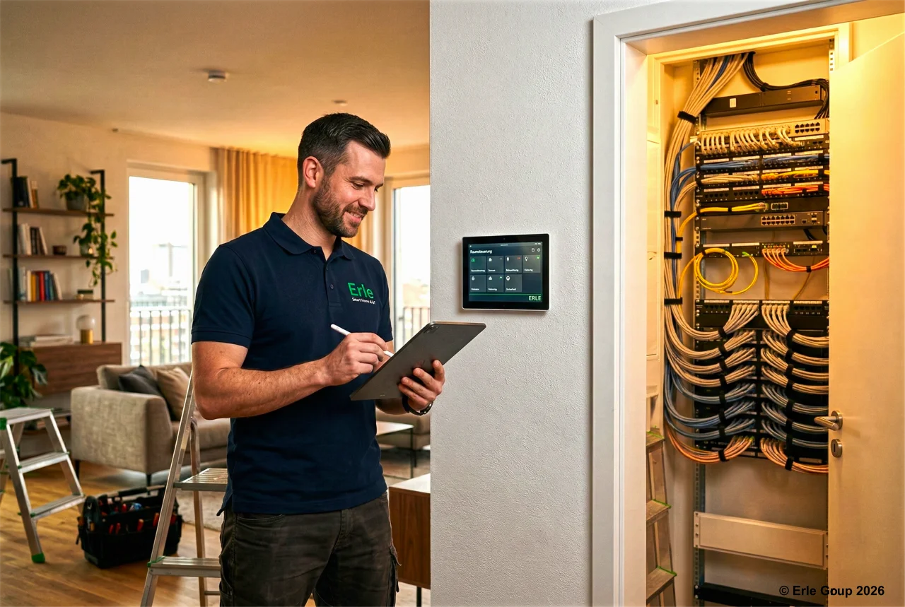 Techniker plant intelligente Gebäudevernetzung auf einem Tablet