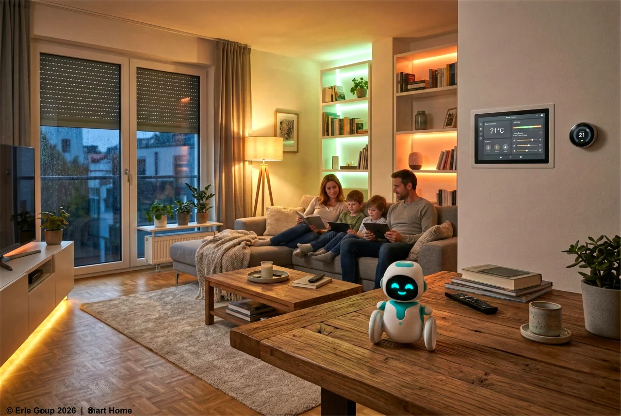 Familie genießt Komfort im vernetzten Wohnzimmer
