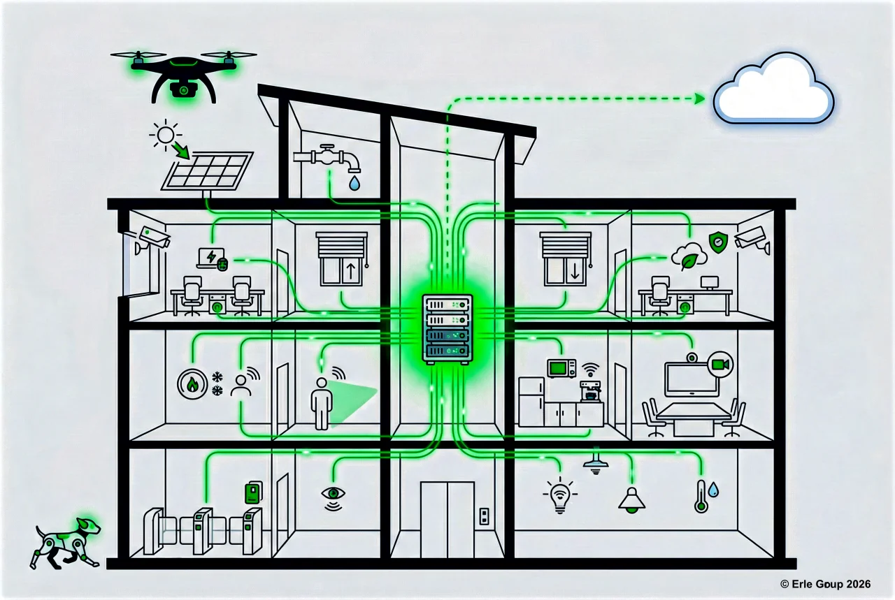 Schematische Darstellung einer intelligenten Gebäudevernetzung mit Edge-Server im Zentrum